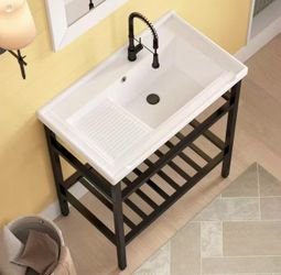 32 in. W x 19 in. D Freestanding Vitreous China Utility/Laundry Sink with Cabinet (Faucet Not Included), White
