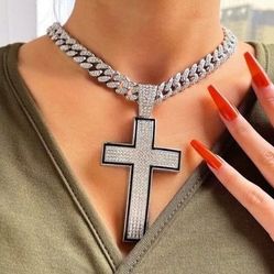 3-Pcs Fully Iced 14K White Gold Plated Cubic Zirconia Large Cross 20 Inches Cuban Chain Pendant Necklace And Bracelet Set 