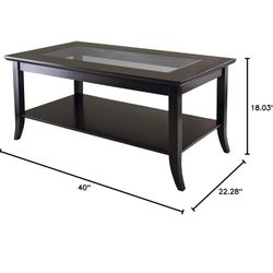 Wood Coffee Table with Glass Top and Lower Shelf - 40”x22”