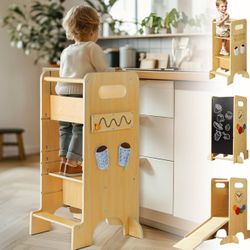 Toddler Tower 4 in 1 Toddler Kitchen Stool Helper Standing Tower for Kitchen Counter with Safety Board, 3 Adjustable Heights, Slide, Chalkboard