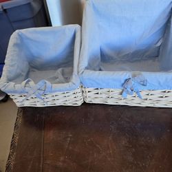 FOUR White storage baskets with Blue fabric liner