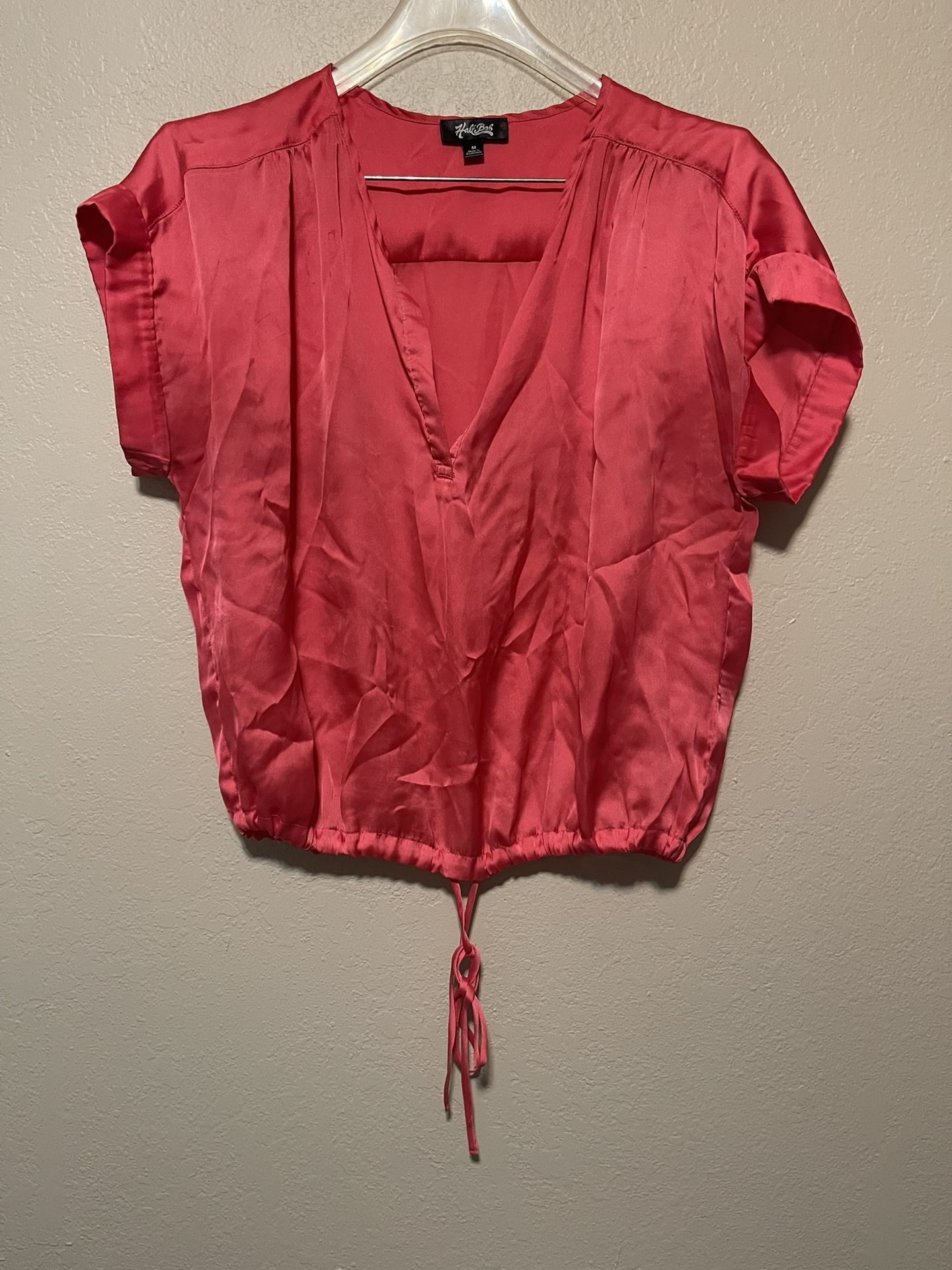HALI BOB, Women’s Pink Salmon Shortsleeve V Neck Tie Front Shirt, Size M