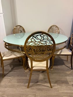Round gold Glass Top Dining Table with 5 Chairs
