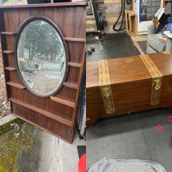 Antique Shelf With mirror And Chinese Brass Chest