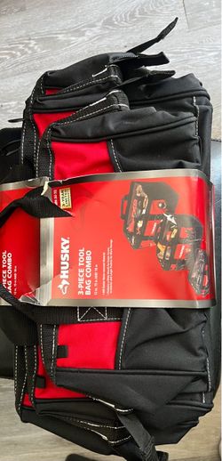 Husky 3-piece tool bag combo in black and red, includes 12 in, 15 in, and 18 in bags.
