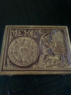 vintage antique Pymsa Mexico leather portfolio features intricate embossed Aztec calendar and warrior imagery 12”x16”x3” $40 firm