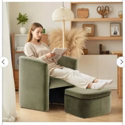 COLAMY Upholstered Sherpa Barrel Accent Chair with Storage Ottoman, Morden Living Room Side Chair, Armchair for Bedroom/Office/Reading Spaces, Green