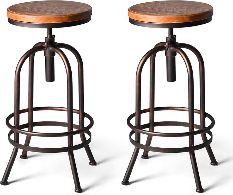 Diwhy Industrial Bar Stool-26-32 Inch Adjustable Swivel Metal Wood Seat Stool Bar Height Bar Stool with Footrest-for Kitchen, Dining Side Chair, Pub, 