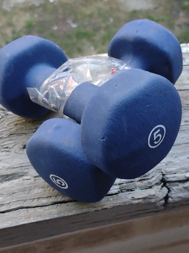 Set Of Two Blue 5 Lb Rubber Coated Dumbbell Weights
