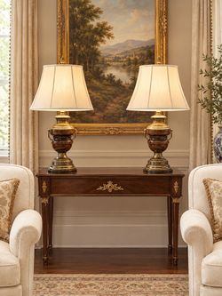 Pair of Magnificent Mid Century 1960s. Fredrick Cooper Oak & Brass Trophy Urn Lamps🌷