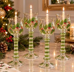 Set of Four (4) Hand Painted Candle Holder Christmas
