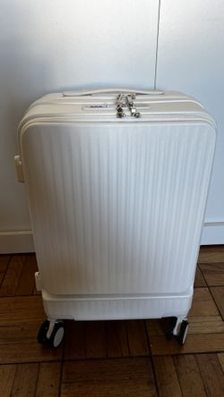 Brand New 20 Inch Carry On Luggage | PC Hardside Spinner Wheel Suitcase with Front Pocket, Cup Holder & USB Charging Port, Lightweight, TSA Lock, Whit