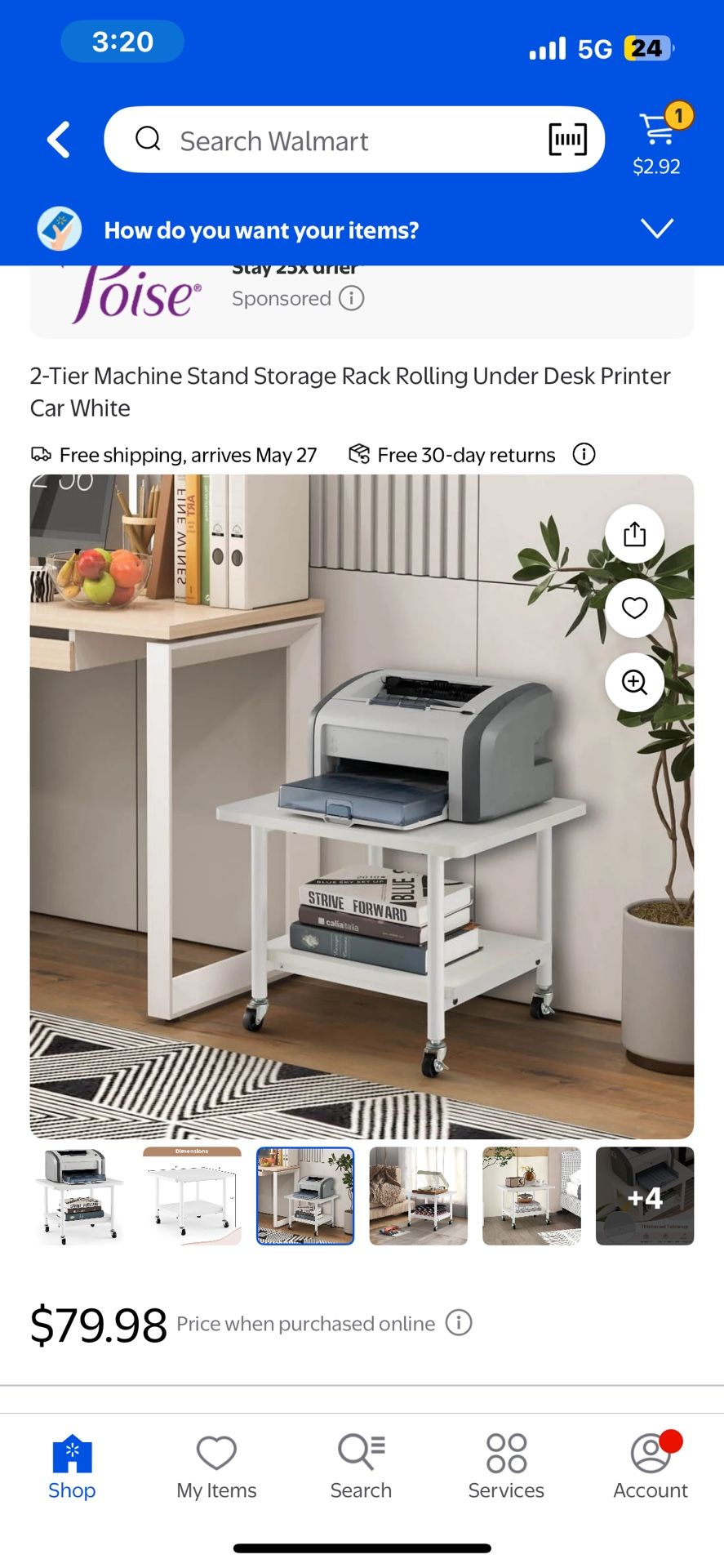 2-Tier Machine Stand Storage Rack Rolling Under Desk Printer Car White