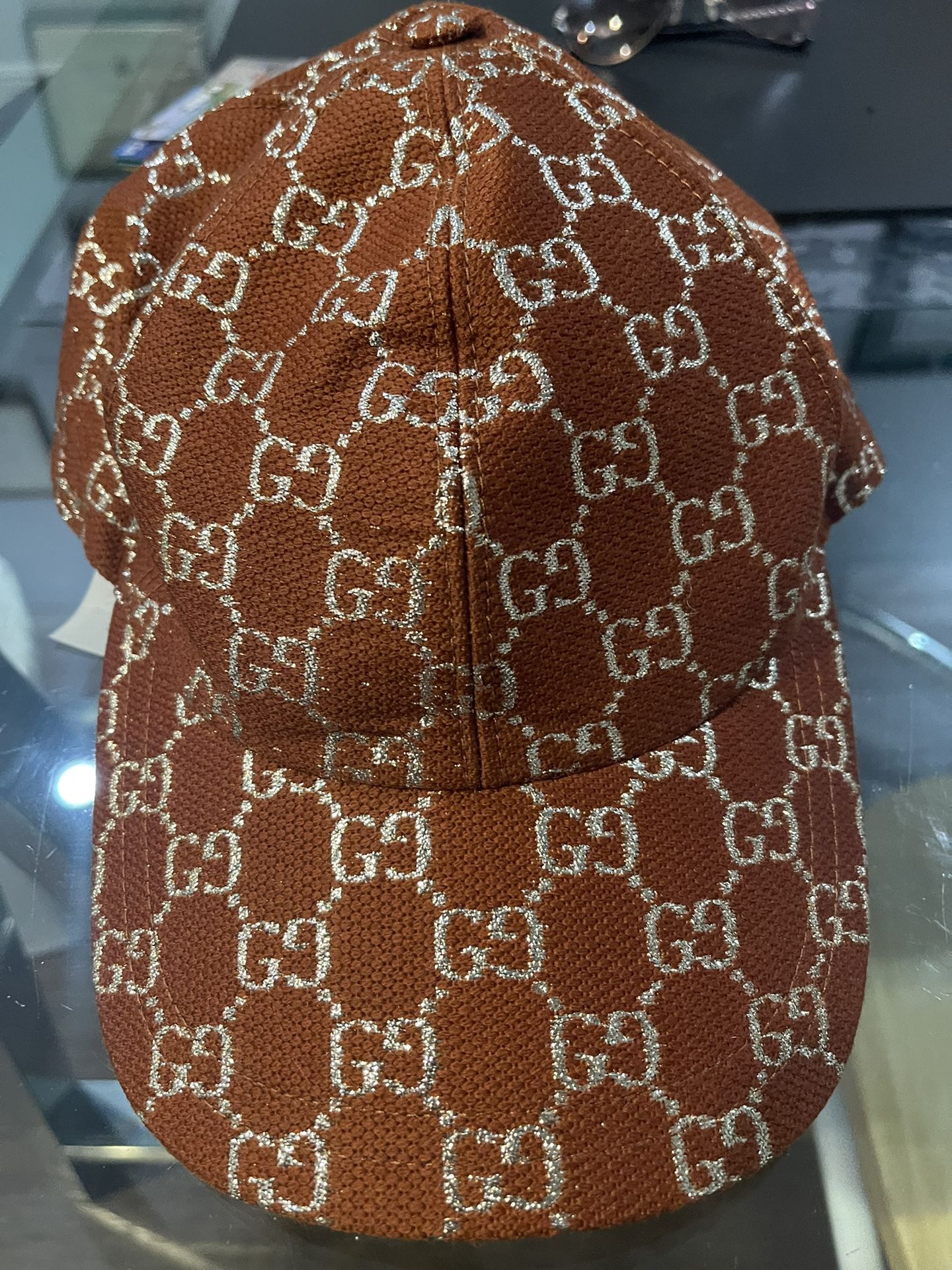 Gucci Canvas Lame GG Monogram Baseball Hat Burnt Orange Silver 