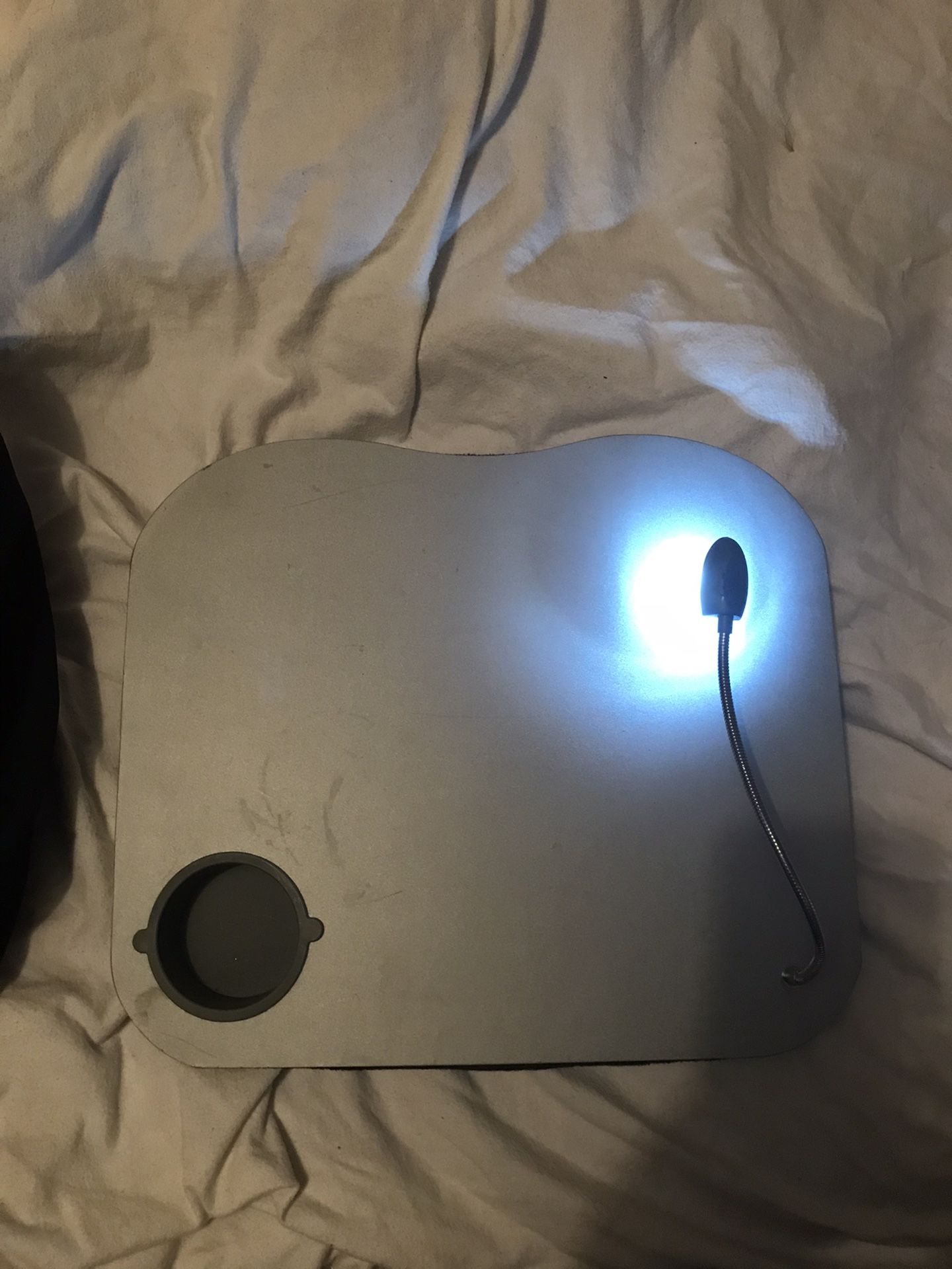 Laptop tray with light and cup holder Pics has Mini-ipad and 17” laptop not included