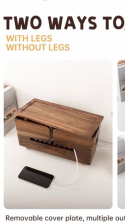 Brown Wood Large Cable Management Box for Power Strip and Cord Hideaway Large solid wood cable box fits 13" power strips, detachable legs, air vents,