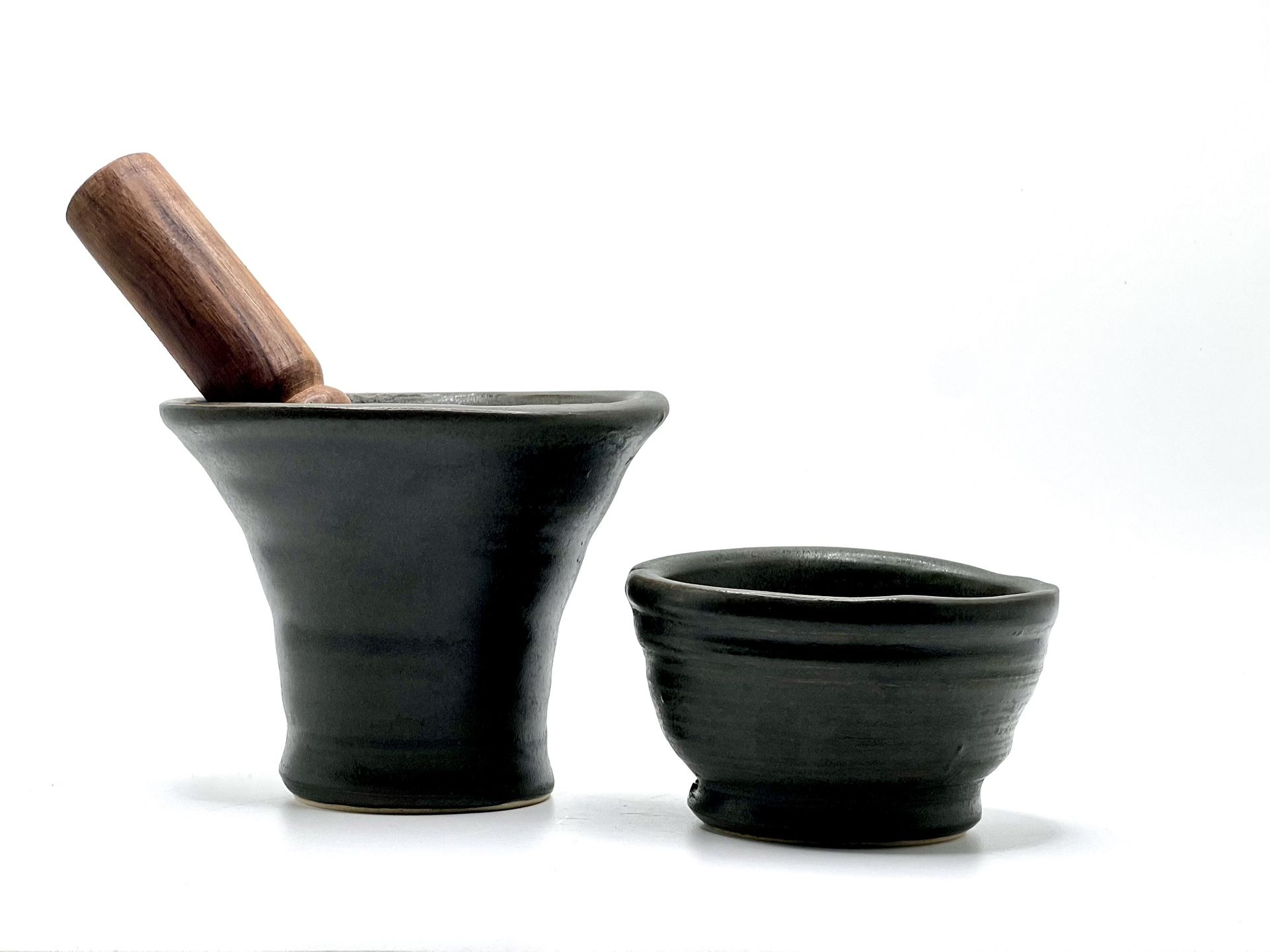 Primitive Studio Art Pottery Ceramic Stoneware Mortar Vessel & Bowl with Wood Pestle Set Signed 