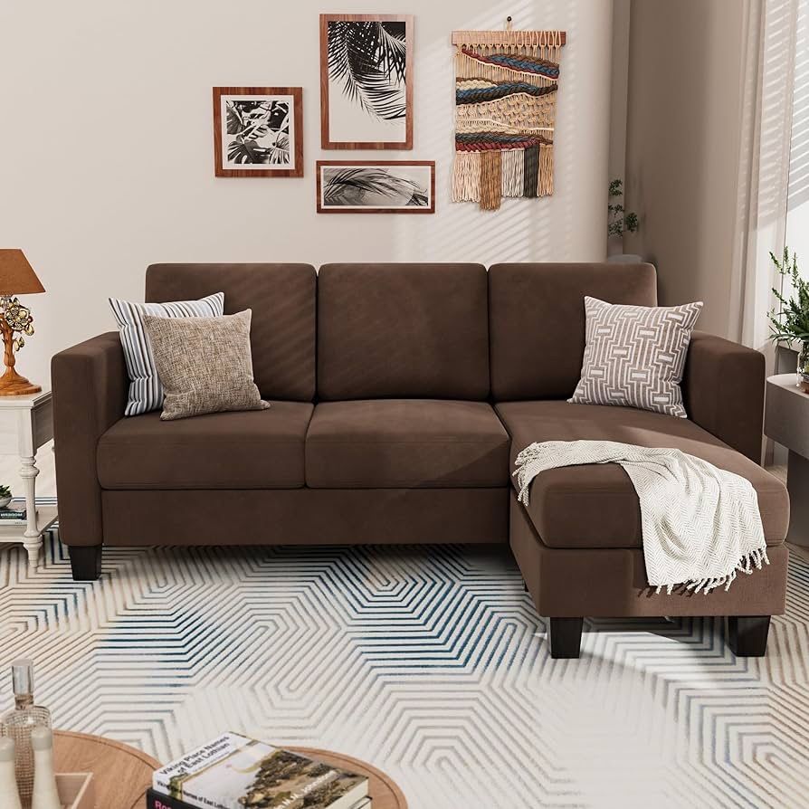 New Convertible Sectional Sofa Couch, Modern Linen Fabric L-Shaped Couch 3-Seat Sofa Sectional with Reversible Chaise for Small Living Room, Apartment