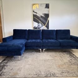 Blue Velvet 4-Seater Sectional Sofa