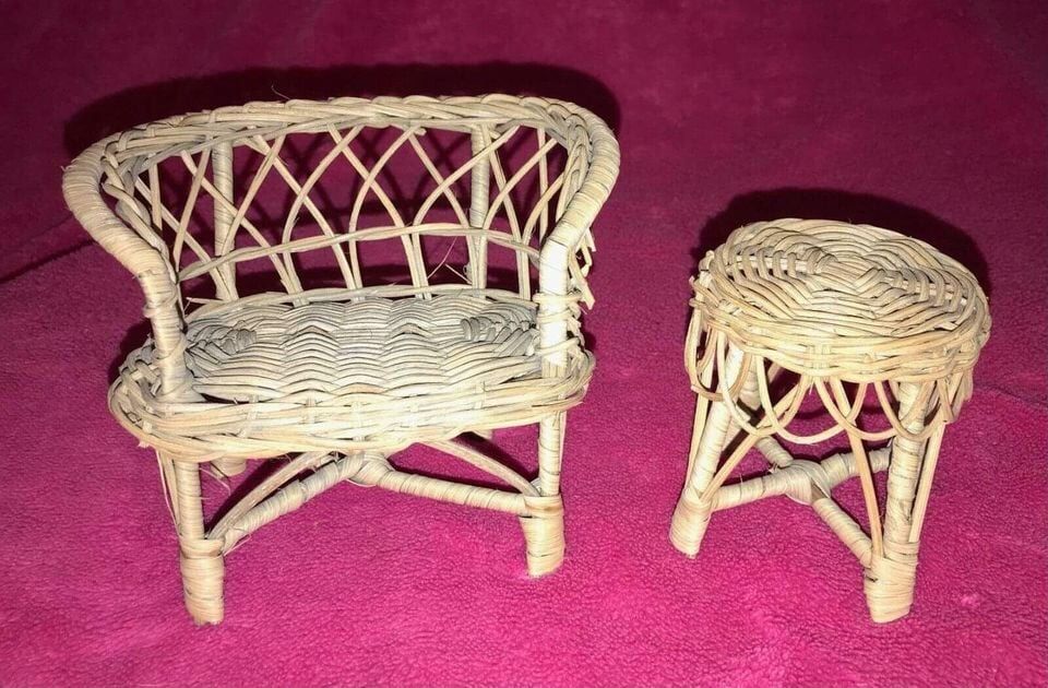 Vintage Barbie Sized Wicker Rattan Couch Chair and Side Table Set RARE! HTF!