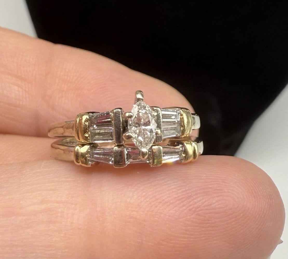14k White & Yellow Gold Marquise & Baguette Natural Diamond Wedding Ring Set