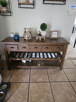 5 ft long table, wood with drawer