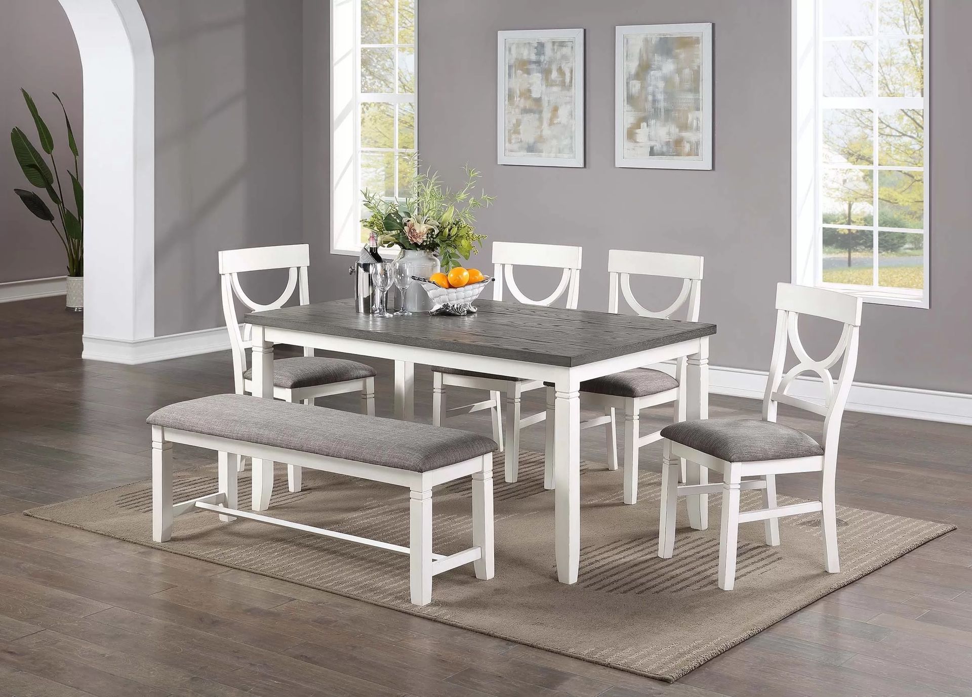 FARMHOUSE WHITE AND GRAY DINING SET 4 CHAIRS AND BENCH