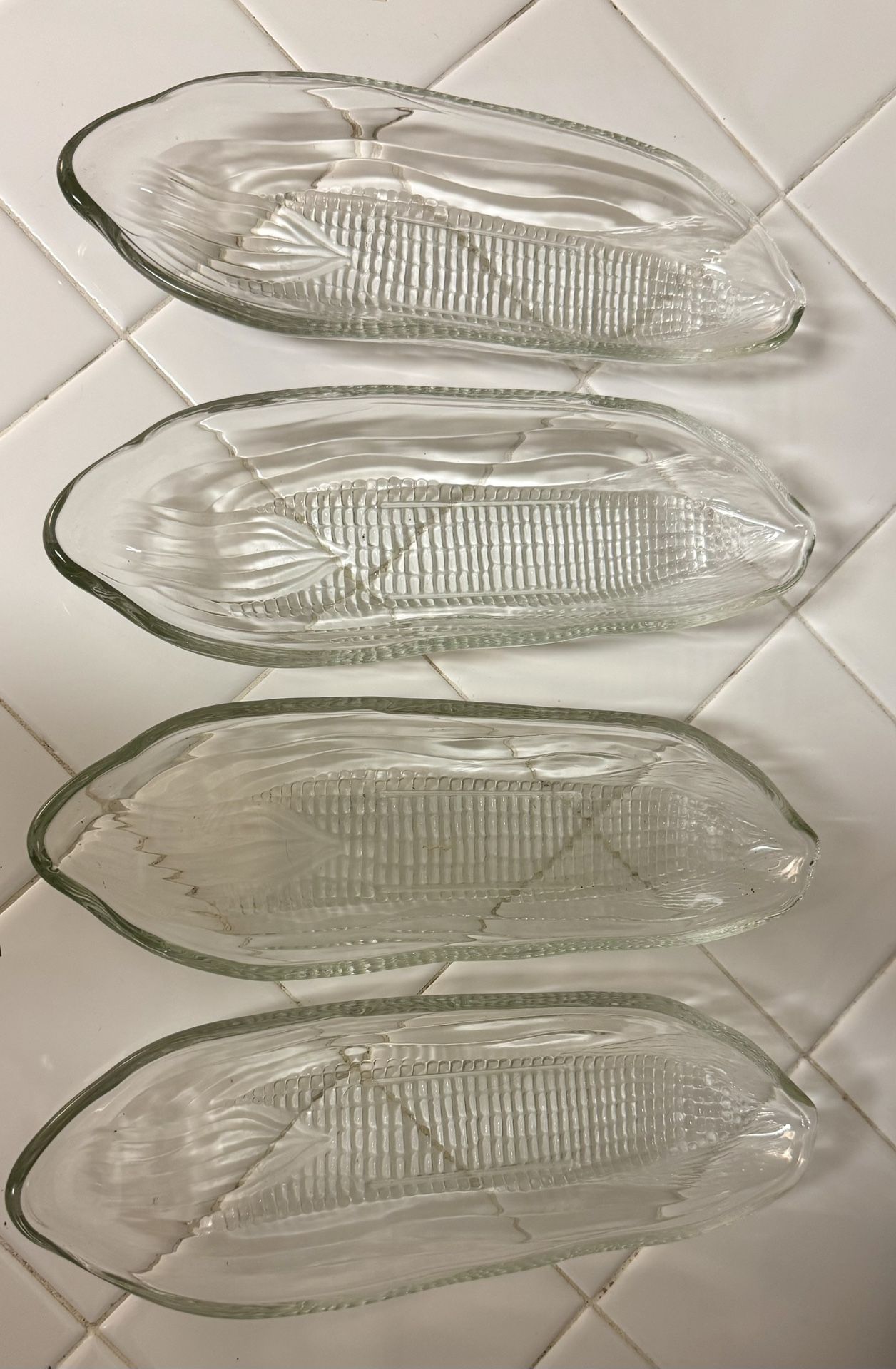 Vintage Set of 4 Mid Century 9.5” Clear Pressed Glass Corn On The Cob Holders EUC