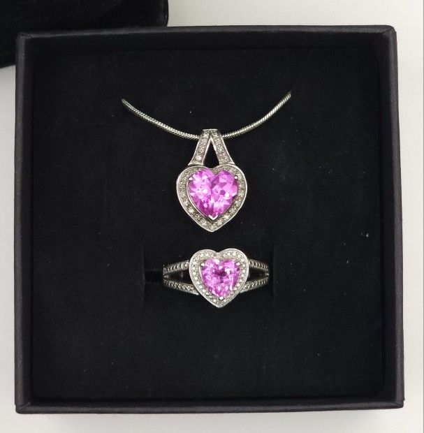 Women's Jewelry Pink Heart Necklace And Ring Set