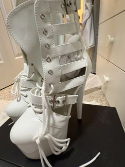 Pleaser Platform Gladiator Boots – White Patent | Size 9