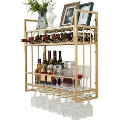 New Wall Mounted Wine Rack with Glass Holder Storage, Metal Floating Bar Liquor Shelves, Wine Bottle Display Rack (Gold)