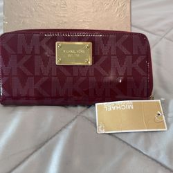 Title: Michael Kors Maroon Patent Leather Zip Wallet – Brand New