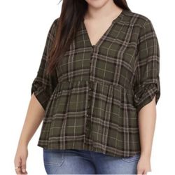 Torrid Green & Black Plaid Babydoll Top - Size 10