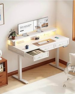 48" Electric Standing Desk with 3 Drawers Power Outlets LED Lights Height Adjustable Desk