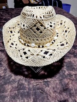Woven Straw Cowboy Hat with Shell Band