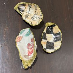 Handmade decoupage catch all shells in Mackenzie Childs patterns.