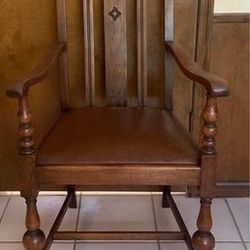 Vintage oak wood arm chair with leatherette seat