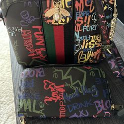 2 Pc Graffiti Inspired Set (purse & Wristlet/Wallet)