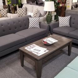 Brand New Charcoal Fabric Midcentury Sofa + Loveseat 2PCs Set