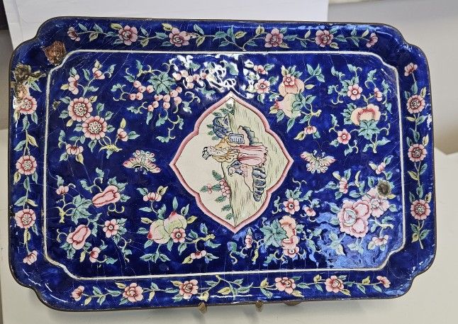 Vintage Chinese Copper Baked Cloisonne Enamel Tray
