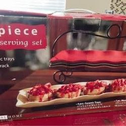 5Piece serving set, ceramic trays with metal rack. Made of durable stoneware and are oven, microwave and dishwasher safe. The Sizes On The Photos 😊