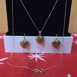 Gold Heart Pendant &Earrings Set