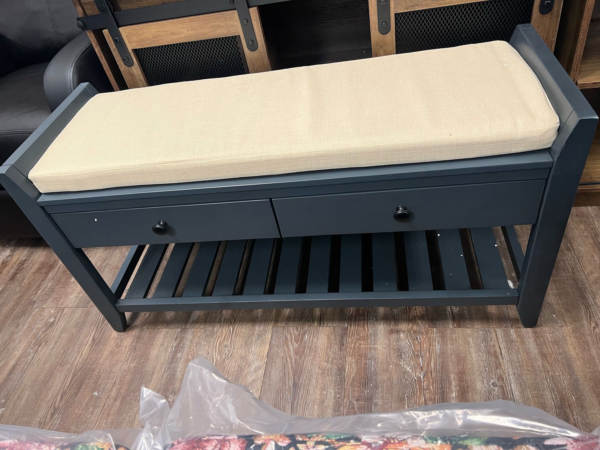 P PURLOVE Entryway Storage Bench with Cushioned Seat Shoe Rack with 2 Drawers and Storage Shelf, Antique Navy