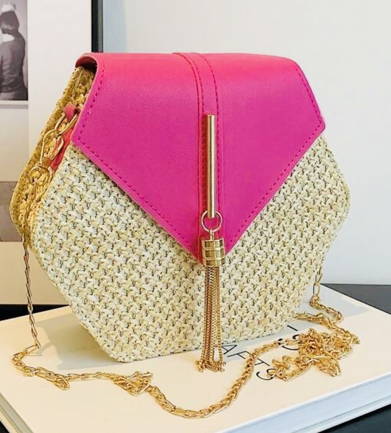 💝 Vintage Hexagon Woven Crossbody Bag (Hot Pink Color)💝