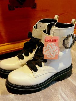 Sam & Libby Samantha Combat Lug Boots White , Black Rhinestone Detail Size 8 1/2