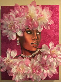 Handmade 3D African American Wall Art – Embellished Floral Canvas 11x14