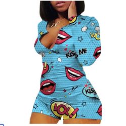 V-Neck Bodysuit Jumpsuits Print Short Onesies Stretch Long Sleeve Pajama Romper