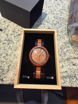 Wood and Black Metal Analog Watch