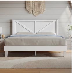 Queen Size Platform Wood Bed Frame, Farmhouse Headboard, White