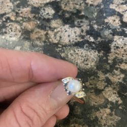 Dainty Pearl And Gold Ring-sapphire And Diamond Accents 